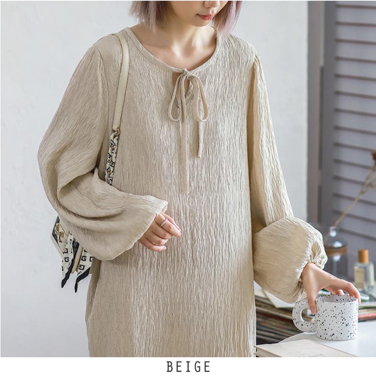 ベージュ | ゆったり パフスリーブロングワンピース 3color | RAKUku