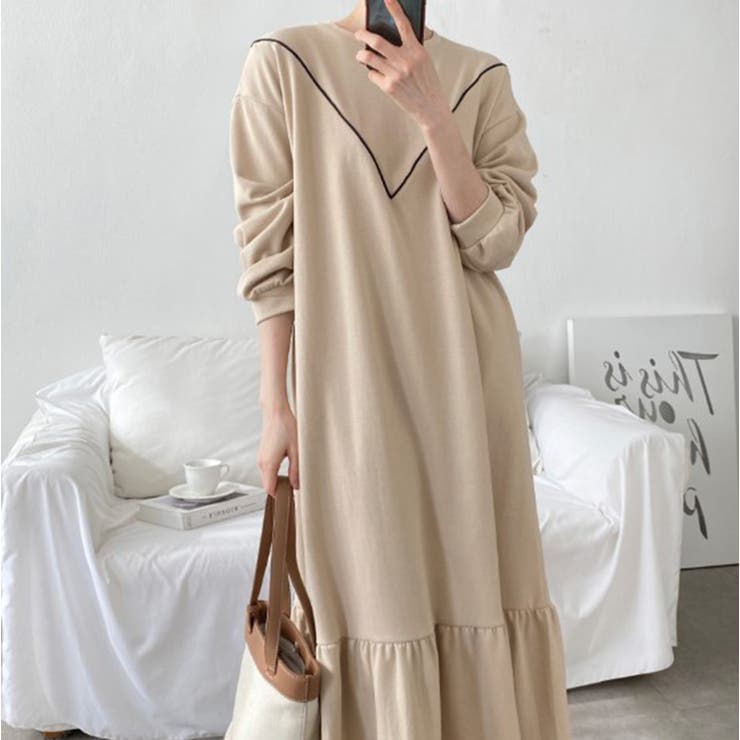 ベージュ | 裏起毛 ゆったり ティアード ロング ワンピース 長袖 3color | RAKUku