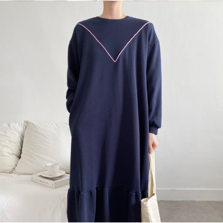 ネイビー | 裏起毛 ゆったり ティアード ロング ワンピース 長袖 3color | RAKUku