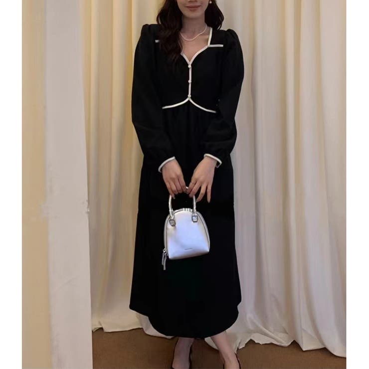 ブラック | 配色デザイン エレガント ワンピース | RAKUku