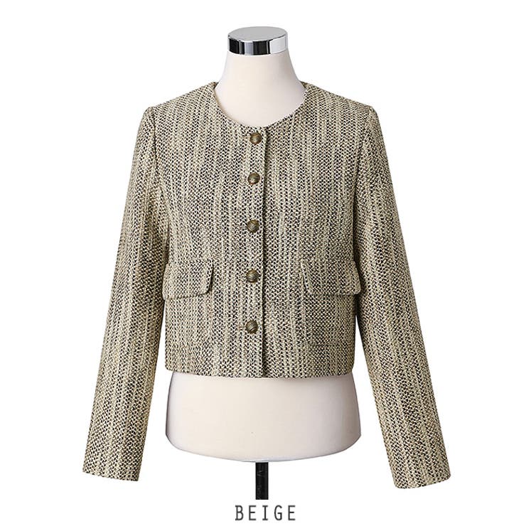 ベージュ | 金釦ツイードノーカラージャケット 2color | RAKUku