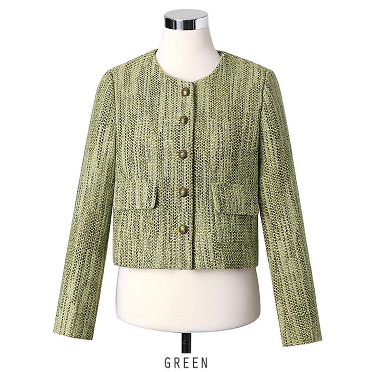 グリーン | 金釦ツイードノーカラージャケット 2color | RAKUku