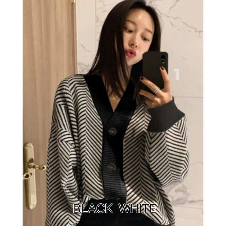 ブラックホワイト | Vネック ニットカーディガン 2color | RAKUku
