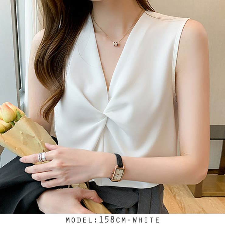 ホワイト | フロント絞りノースリーブブラウス | RAKUku