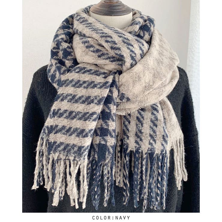 ネイビー | チェック柄リバーシブルマフラー 羽織り 柔らかい ストール プチプレゼント | RAKUku