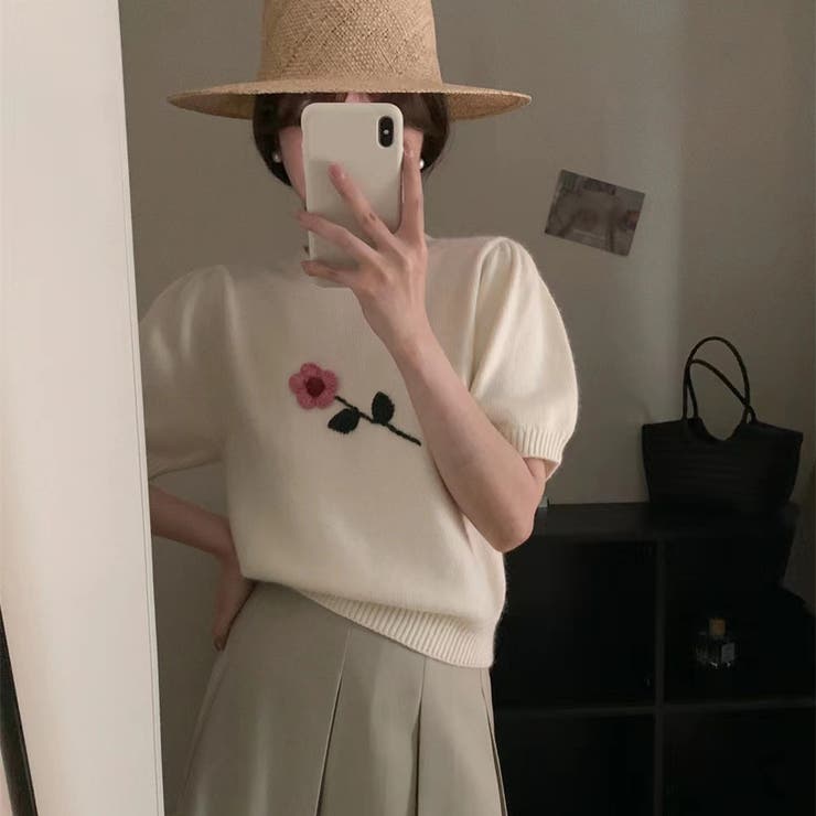 半袖 花飾り ニット 半袖プルオーバー セーター 韓国 韓国ファッション | RAKUku | 詳細画像11 