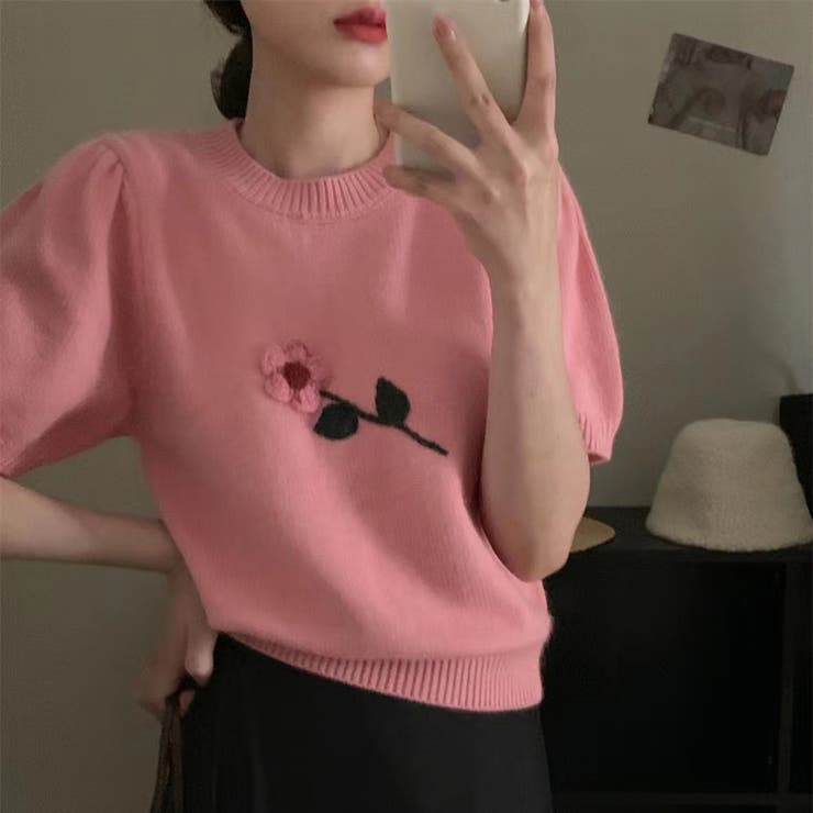 半袖 花飾り ニット 半袖プルオーバー セーター 韓国 韓国ファッション | RAKUku | 詳細画像4 