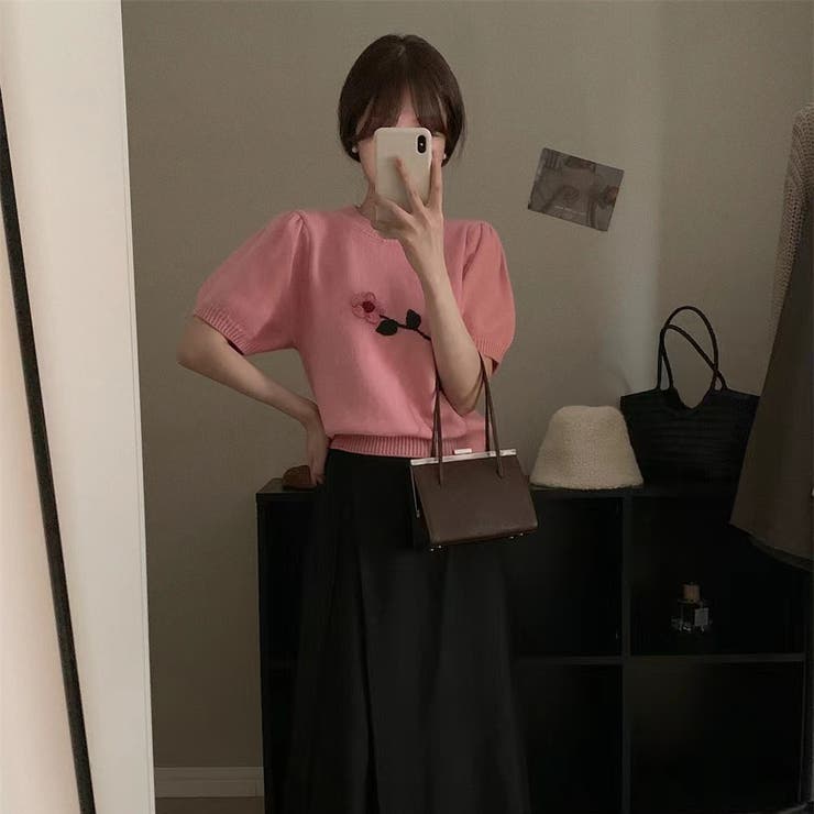 半袖 花飾り ニット 半袖プルオーバー セーター 韓国 韓国ファッション | RAKUku | 詳細画像7 