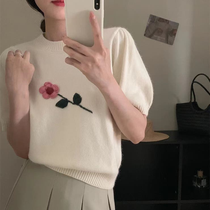 半袖 花飾り ニット 半袖プルオーバー セーター 韓国 韓国ファッション | RAKUku | 詳細画像8 