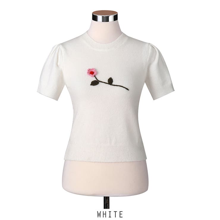 ホワイト | 半袖 花飾り ニット 半袖プルオーバー セーター 韓国 韓国ファッション | RAKUku
