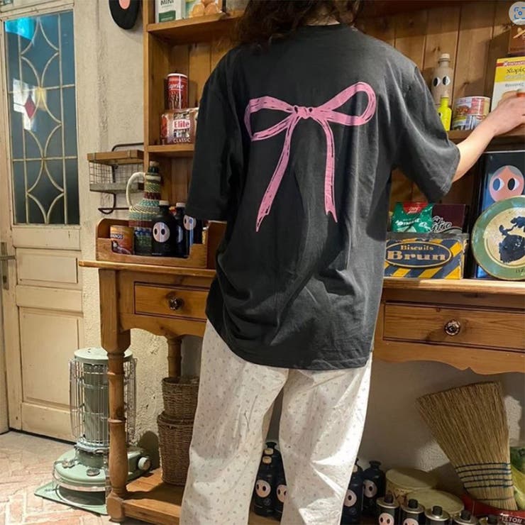 24NEW バッグリボン プリント Tシャツ オーバーサイズ[品番
