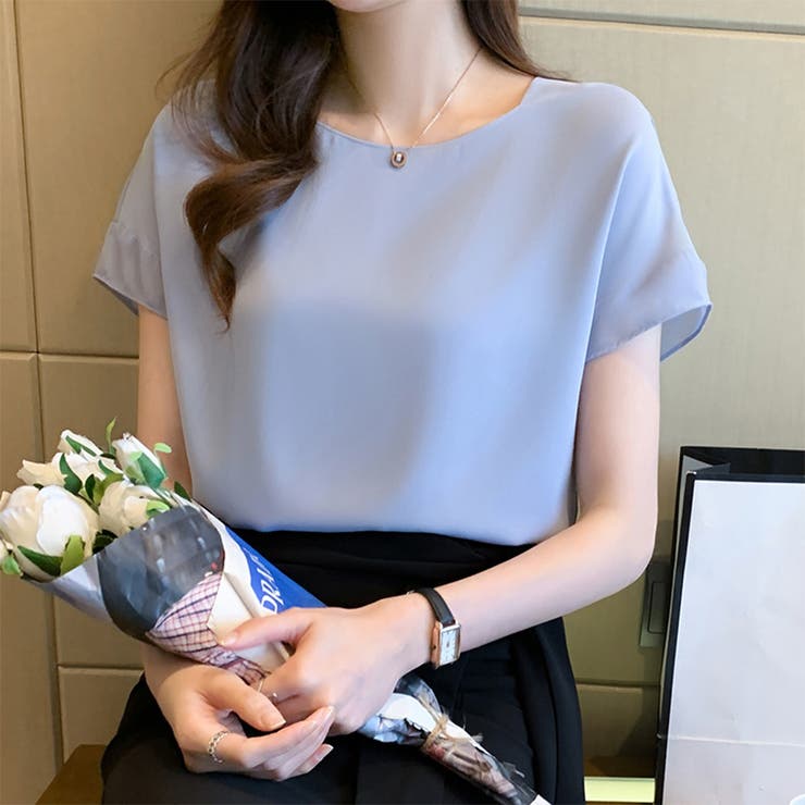 24NEW サテンブラウス レーディス 半袖 無地 シンプルデザイン | RAKUku | 詳細画像2 