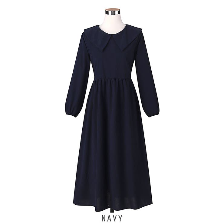 ネイビー | ビッグ襟 ビッグカーラー ロングワンピース | RAKUku