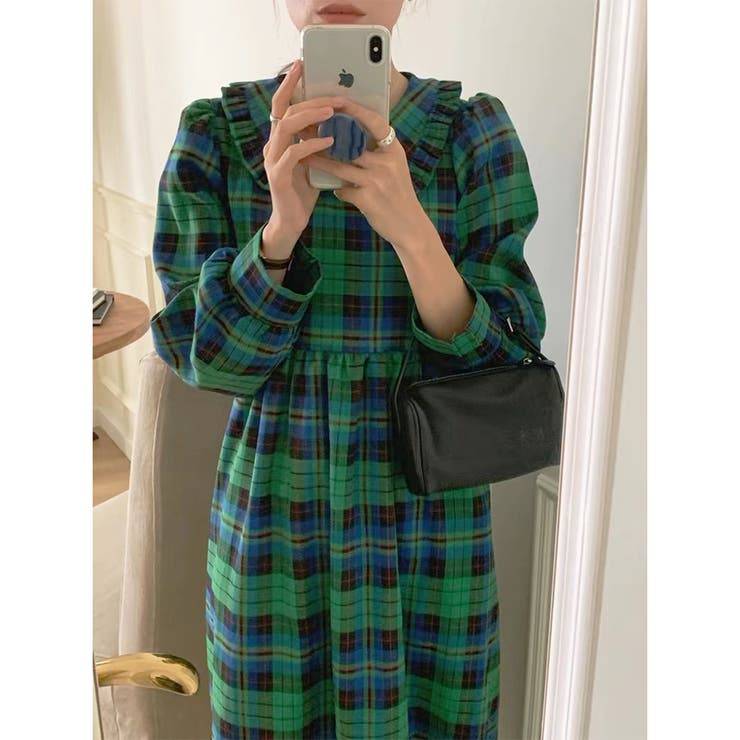 ビッグ襟 チェック柄 レースアップドレス | RAKUku | 詳細画像4 