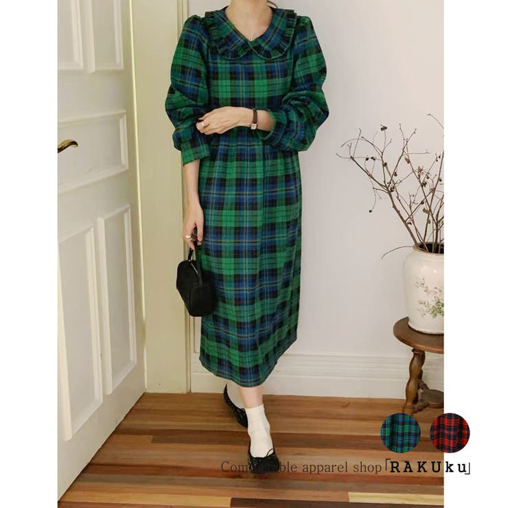 ビッグ襟 チェック柄 レースアップドレス | RAKUku | 詳細画像1 