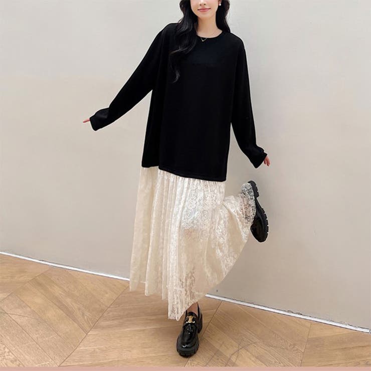 24NEW 異素材 レース ワンピース  エレガント ゆったり ワンピース | RAKUku | 詳細画像2 