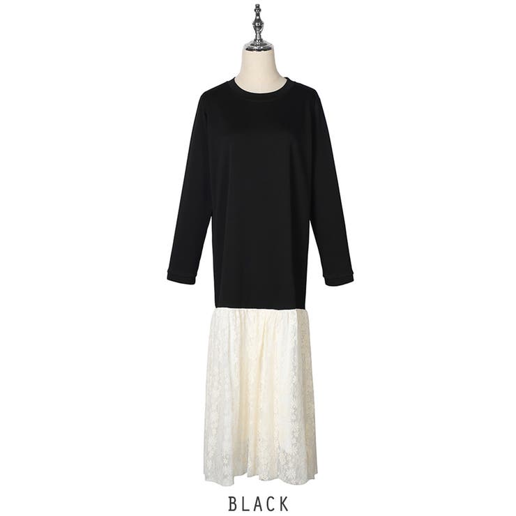 ブラック | 24NEW 異素材 レース ワンピース  エレガント ゆったり ワンピース | RAKUku