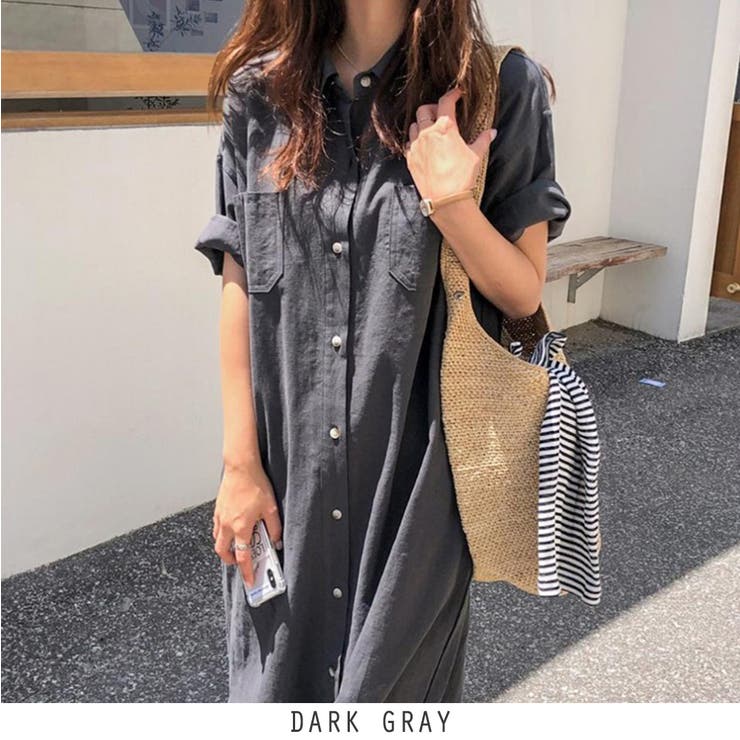 ダークグレー | 24NEW シャツワンピース ロング丈 マキシ丈 韓国ファッション | RAKUku