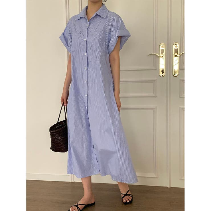 相談中です！完売 人気商品！春夏服♡ドライタッチクレリックストライプワンピース ストライプ シャーツワンピース 韓国ファッション[品番