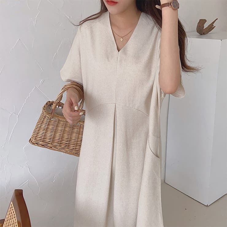 ストレスフリー Vネック ゆったりワンピース 半袖  ロング丈 | RAKUku | 詳細画像4 