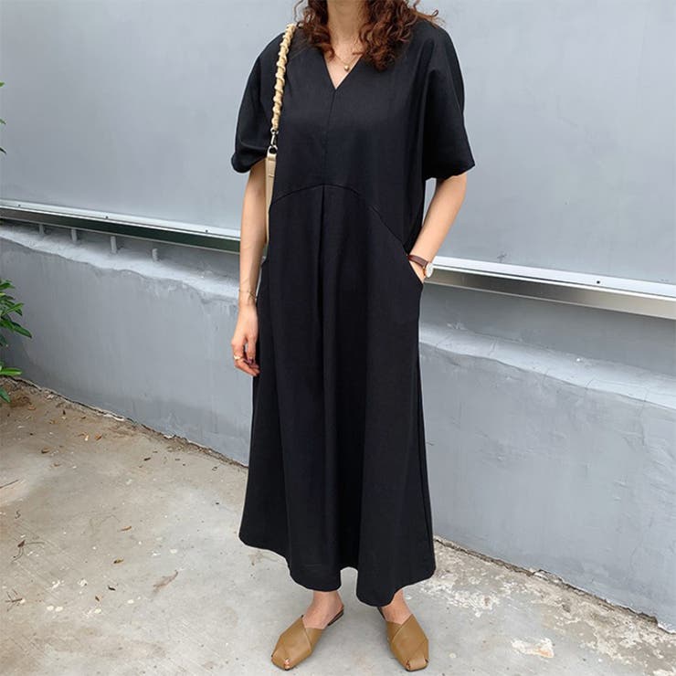 ストレスフリー Vネック ゆったりワンピース 半袖  ロング丈 | RAKUku | 詳細画像5 