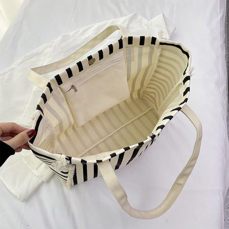 キャンバス トートバッグ クリーム色 茶色ストライプ キャンバストートバッグ バッグ キャンバス[品番：SHNW0002115