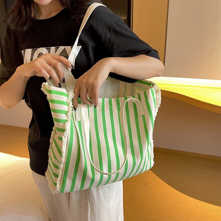 キャンバストートバッグ ストライプ柄 大容量収納 韓国