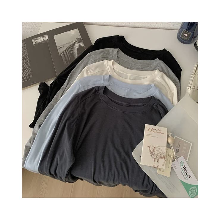 グレー | さらてろ ストレッチラウンドトップス カットソー 長袖 無地 薄手 涼しい | RAKUku