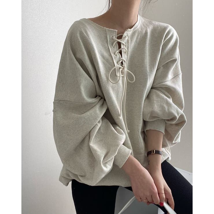 ライトグレー | 2color ラウンドレースアップ ランタンスリーブスウェット | RAKUku