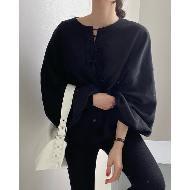 ブラック | 2color ラウンドレースアップ ランタンスリーブスウェット | RAKUku