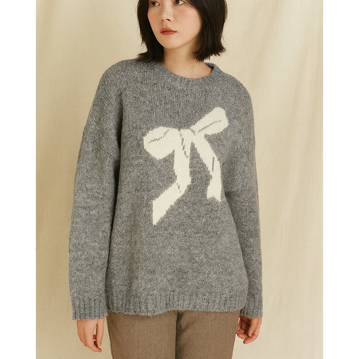 グレー | 4color フロントリボン クルーネック | RAKUku