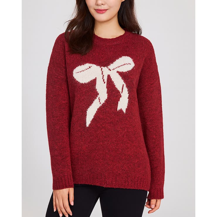 レッド | 4color フロントリボン クルーネック | RAKUku