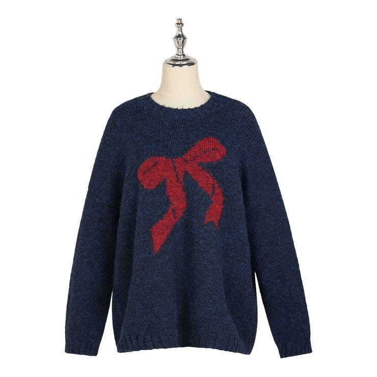 ネイビー | 4color フロントリボン クルーネック | RAKUku