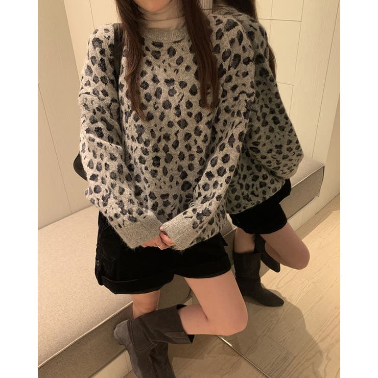 グレー | 2color レオパード クルーネック ニットプルオーバー ゆったり 暖かい | RAKUku