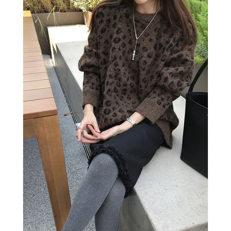 ブラウン | 2color レオパード クルーネック ニットプルオーバー ゆったり 暖かい | RAKUku