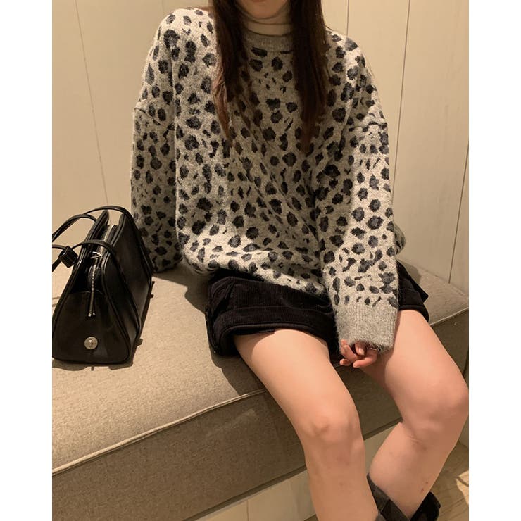 2color レオパード クルーネック ニットプルオーバー ゆったり 暖かい | RAKUku | 詳細画像8 