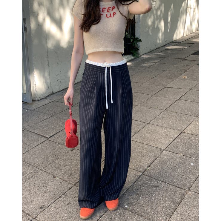ネイビー | 2color ウエスト配色ストライプパンツ きれいめパンツ オフィスカジュアル | RAKUku