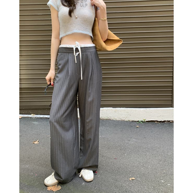 2color ウエスト配色ストライプパンツ きれいめパンツ オフィスカジュアル | RAKUku | 詳細画像3 