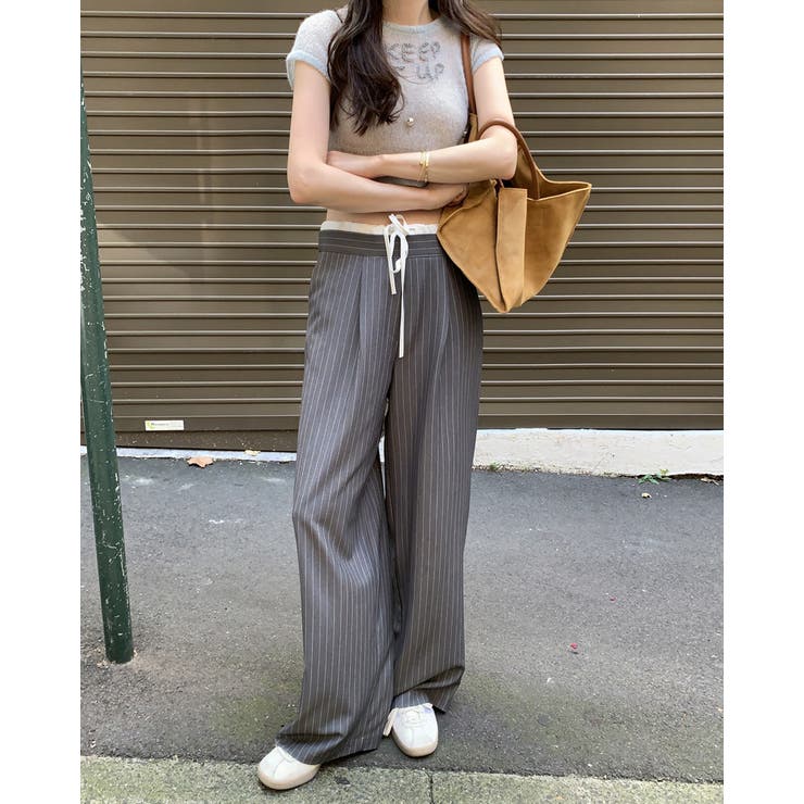 グレー | 2color ウエスト配色ストライプパンツ きれいめパンツ オフィスカジュアル | RAKUku