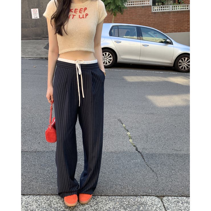 2color ウエスト配色ストライプパンツ きれいめパンツ オフィスカジュアル | RAKUku | 詳細画像7 