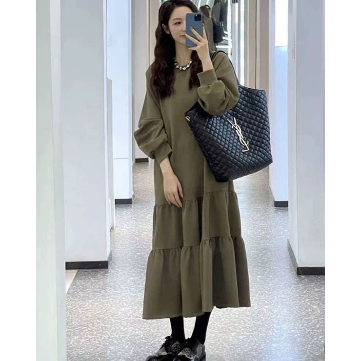 カーキ | 2color ラウンドティアードワンピース ロングワンピース | RAKUku