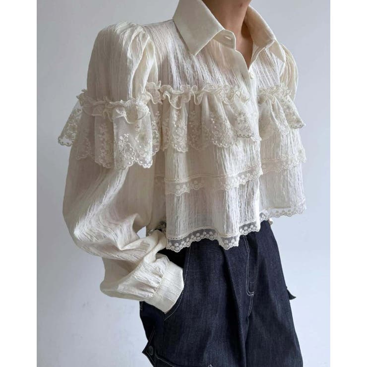 アイボリー | 3collor パワーショルダー フリルレースブラウス 長袖シャツ 無地 長袖 | RAKUku