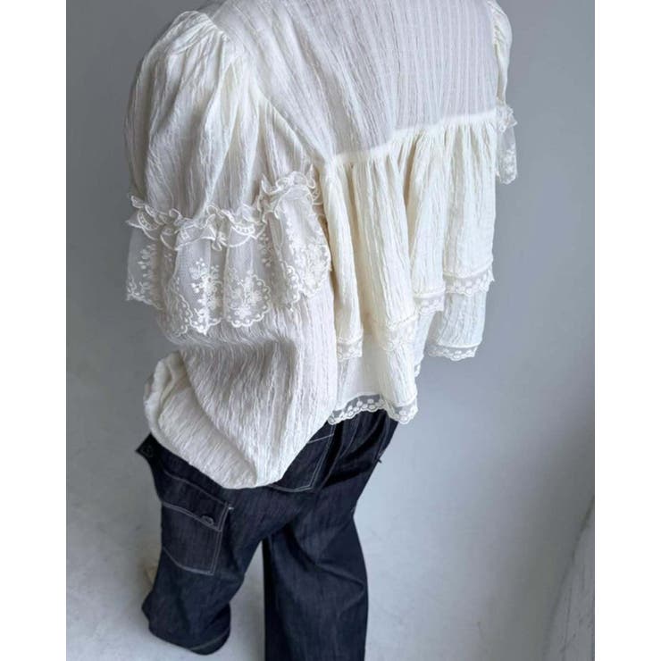3collor パワーショルダー フリルレースブラウス 長袖シャツ 無地 長袖 | RAKUku | 詳細画像2 