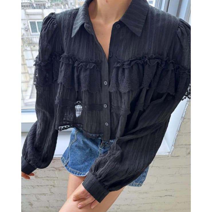 3collor パワーショルダー フリルレースブラウス 長袖シャツ 無地 長袖 | RAKUku | 詳細画像4 