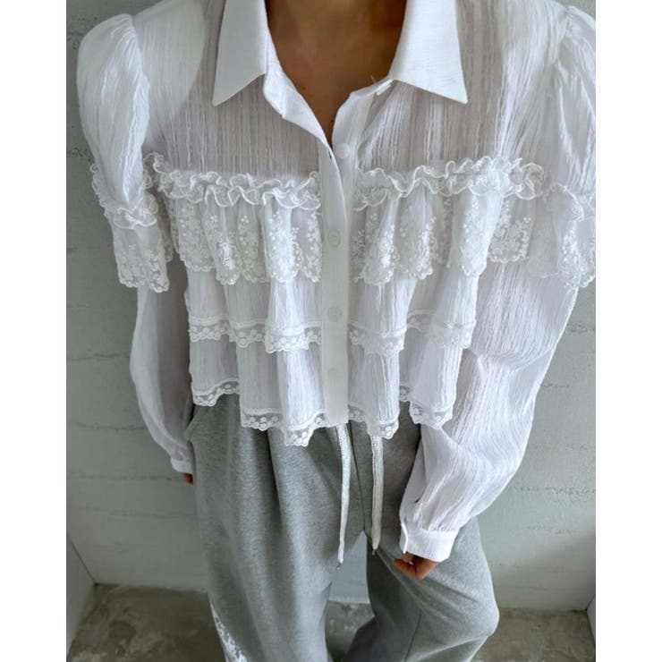 3collor パワーショルダー フリルレースブラウス 長袖シャツ 無地 長袖 | RAKUku | 詳細画像6 