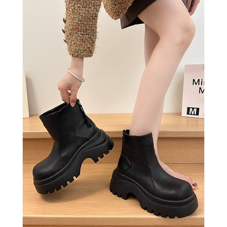 ブラック | 2color 厚底ショートブーツ フェイクレザー | RAKUku
