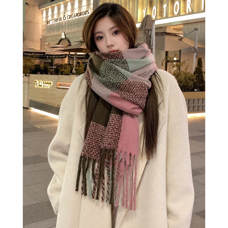 newcolor入荷 くすみ系 チェック柄ボリュームフリンジマフラー[品番