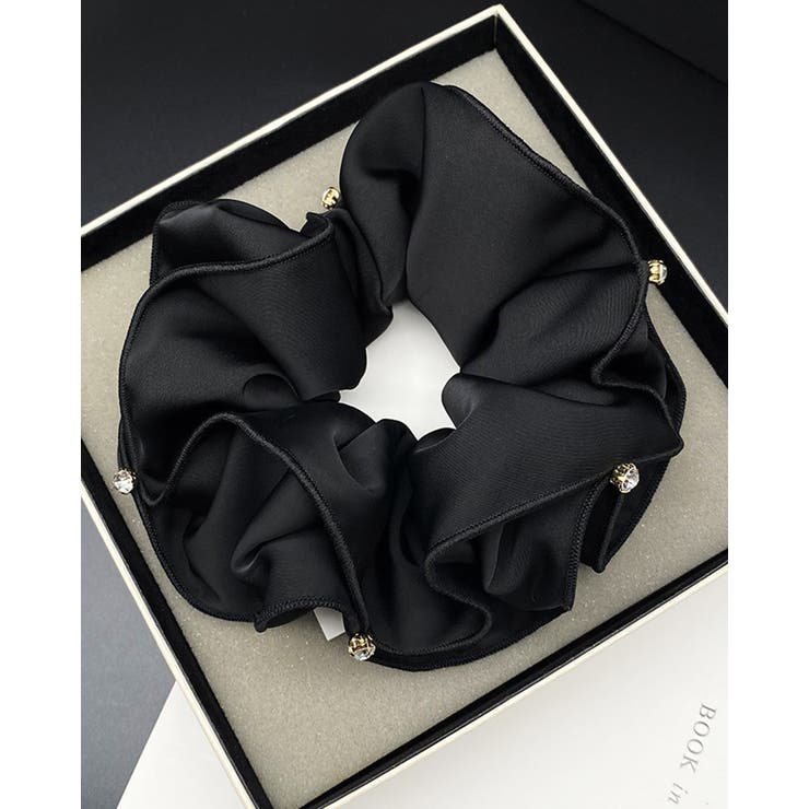 ブラック | ストーン キラキラ シュシュ ダブルフリル ビッグフリル エレガント 高級感 | RAKUku