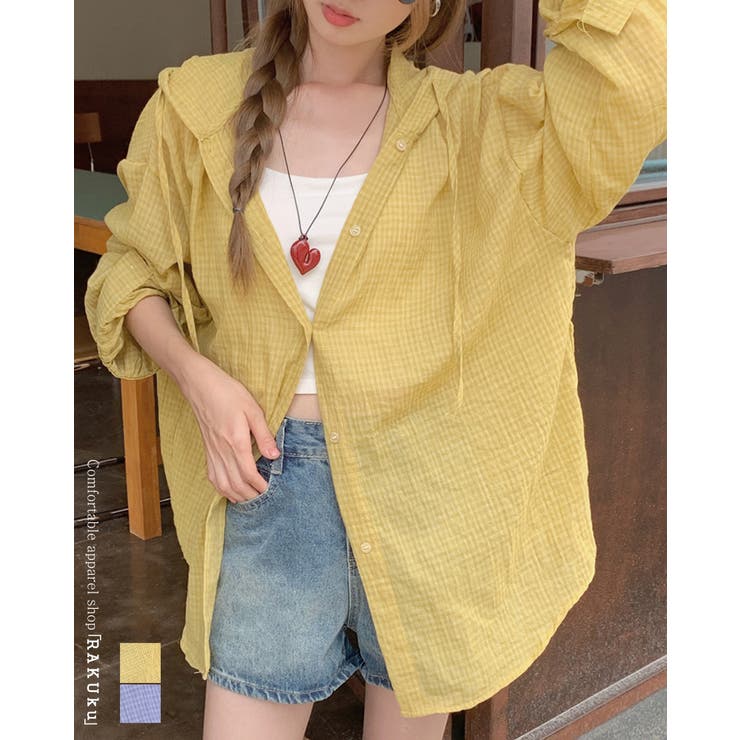 薄手 フード付きシャツ 長袖 チェック柄 紫外線対策 冷房対策 羽織 | RAKUku | 詳細画像1 