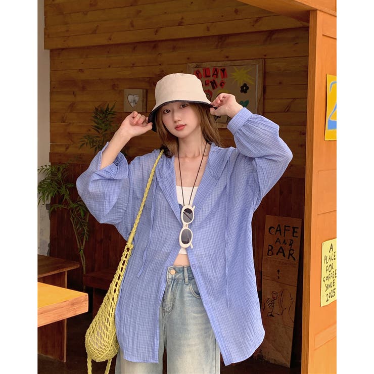 ブルー | 薄手 フード付きシャツ 長袖 チェック柄 紫外線対策 冷房対策 羽織 | RAKUku